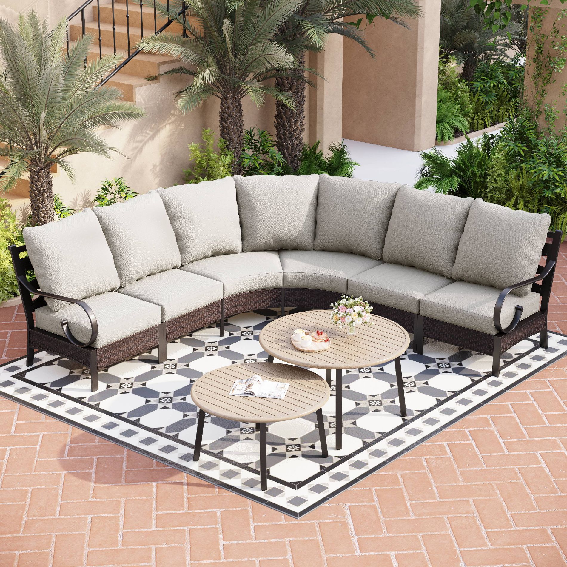 Captiva Designs 8pc 6-Seat Half-Moon Curved Outdoor Patio Conversation Set with Coffee Tables