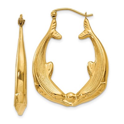 Black Bow Jewelry Kissing Dolphin Hoop Earrings in 14k Yellow Gold