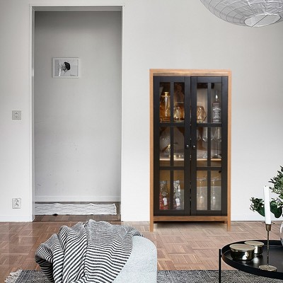 Natural Wood and Black Glass Door Curio Cabinet