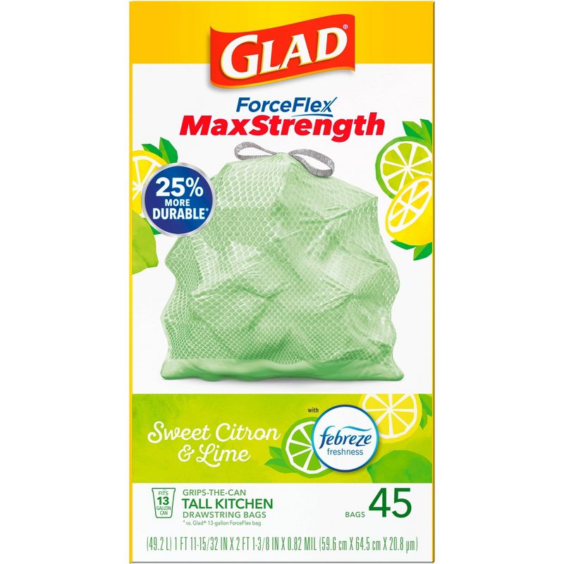 Glad ForceFlex MaxStrength Tall Kitchen Drawstring Trash Bags - Febreze Sweet Citron &#38; Lime - 13 Gallon/45ct, 5 of 18