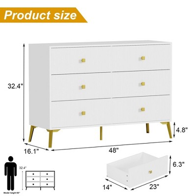 White and Gold Fluted 6-Drawer Dresser with Curved Design