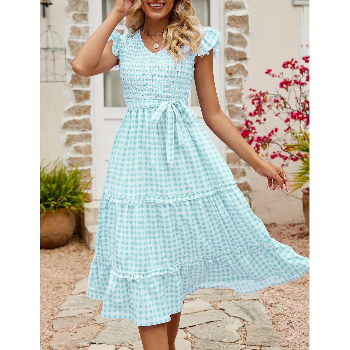 Женские платья YesFashion Women Smocked Dress Flutter Short Sleeve Ruffle Midi Dress Defang Green Grid,M — фото 3
