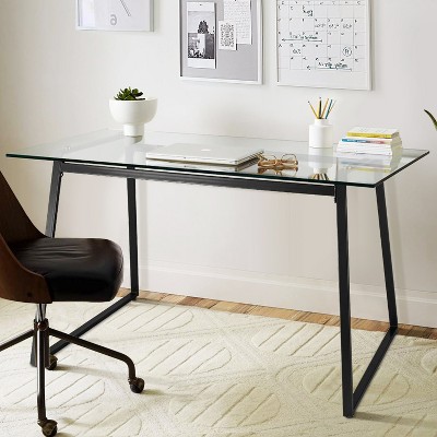 47 Inch Mona Contemporary Tempered Transparent Glass Writing Desk With Metal Base-The Pop Maison