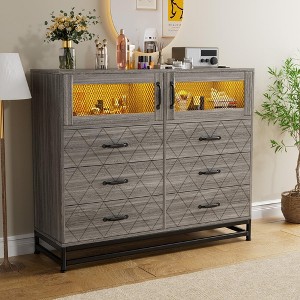 6 Drawer Dresser for Bedroom with LED Lights and Charging Station, Wooden Double Dresser with 2 Shelves & Mental Grid Handle - 1 of 4