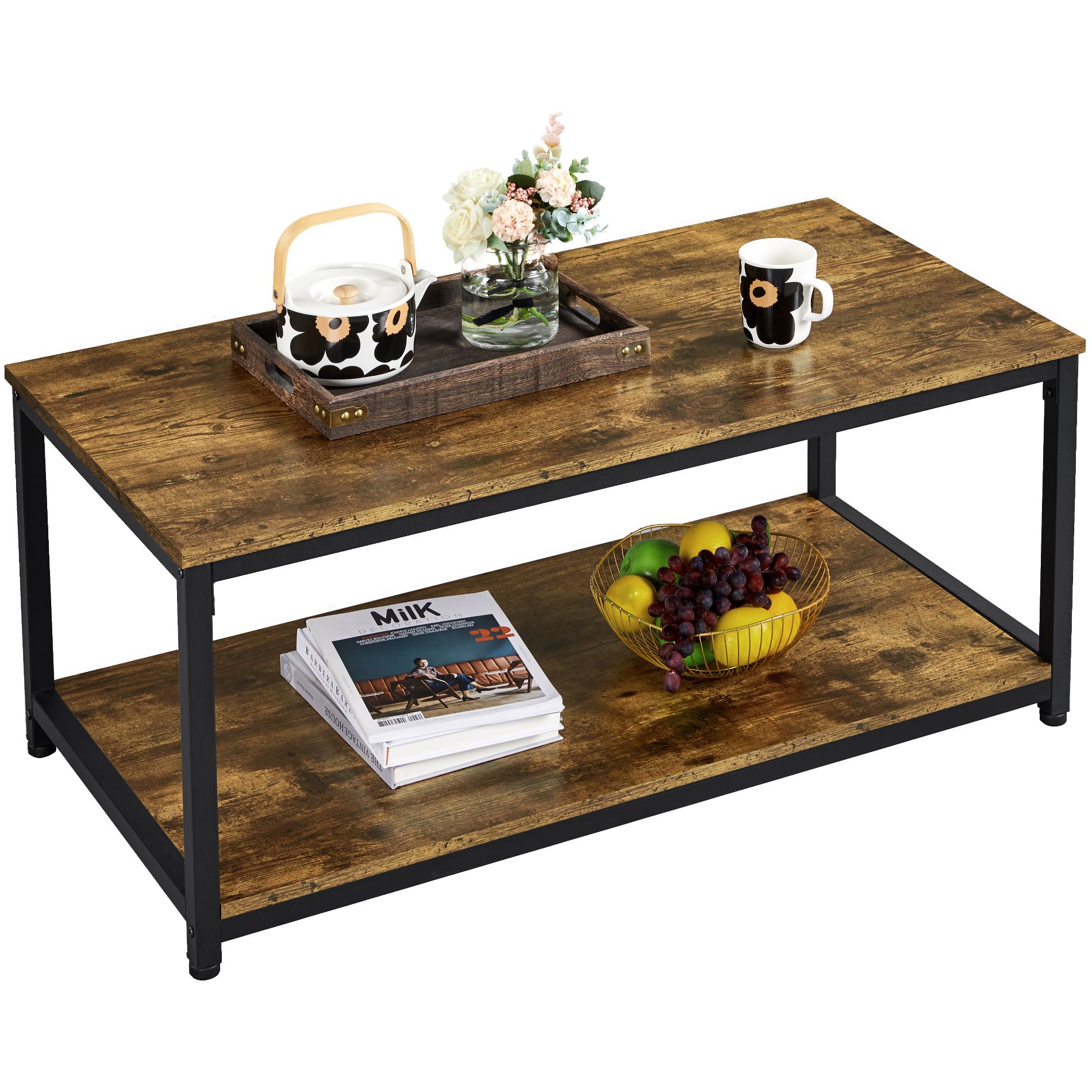 Yaheetech Wood Industrial Coffee Table with Storage Shelf for Living Room-Rustic Brown