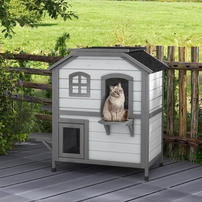 White and Gray Wooden 2-Story Outdoor Cat House with Platforms