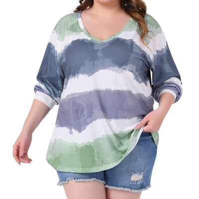 Agnes Orinda Women's Plus Size Tie Dye V-Neck Long Sleeve Casual Outfits T-shirts