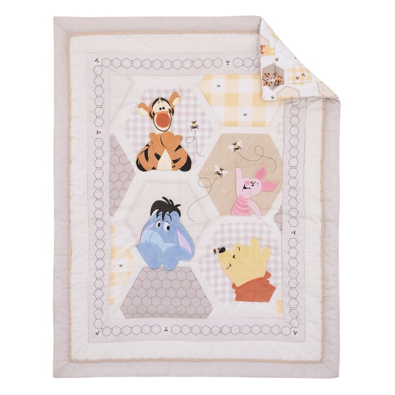 Disney Winnie the Pooh Hugs and Honeycombs Grey, White, and Tan Patchwork with Piglet, Tigger and Eeyore 3 Piece Crib Bedding Set, 2 of 9