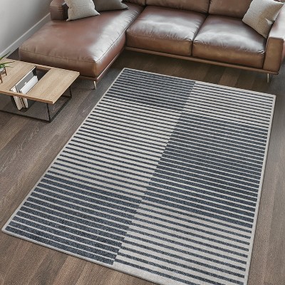 Gray and Cream Striped Washable 8' x 10' Area Rug