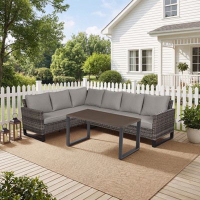 Buenhomino Patio Furniture Set 4 Piece, Wicker Rattan Sofa Couch with Thick Cushion and Coffee Table, L Shape All Weather Outdoor Conversation Set