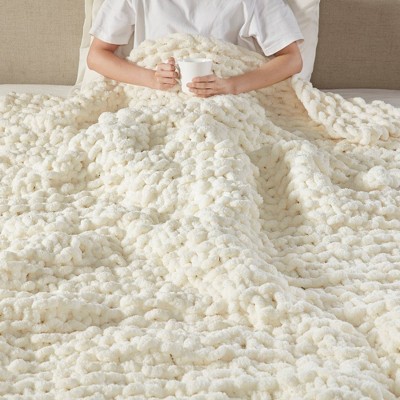 Ivory Chenille Luxurious Chunky Knit 50"x60" Throw Blanket