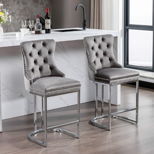 26" Counter Height Bar Stools Set of 2, Modern Velvet Barstools Upholstered Kitchen Island Chairs with Sturdy Chromed Metal Base Legs - 1 of 4