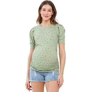 Hello Miz Women's Ribbed Puff Sleeve Side Ruched Maternity Top - 1 of 4