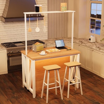 Homhougo Wooden Kitchen Island with Power Outlet & LED Lights, Large Kitchen Island Table with 3 Tier Microwave Stand Oven Shelf
