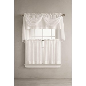 Kate Aurora Complete 4 Piece Linen Leaf Embroidered Complete Kitchen Curtain Set - 1 of 3