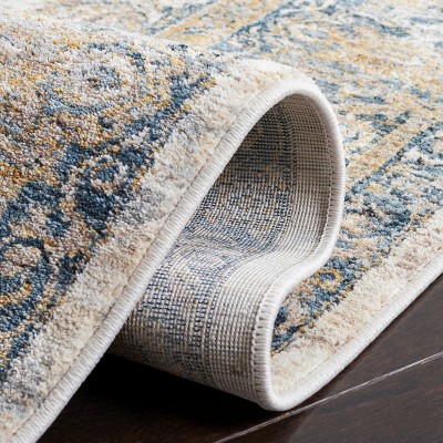 Ivory and Blue Hand-Knotted Square Synthetic Area Rug