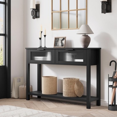 Black Wood and Glass Entryway Console Table with Storage