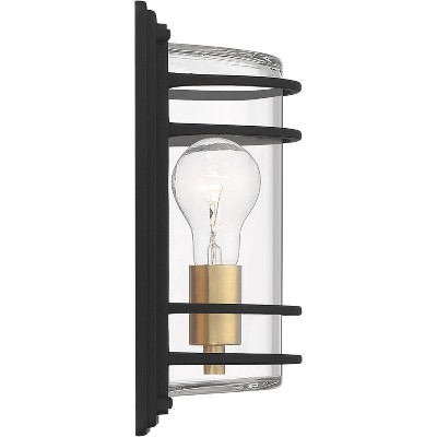 Modern Industrial Black Steel Outdoor Wall Light with Brass Accents