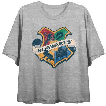Harry Potter Hogwarts Houses School Crest Juniors Heather Grey Crop Top