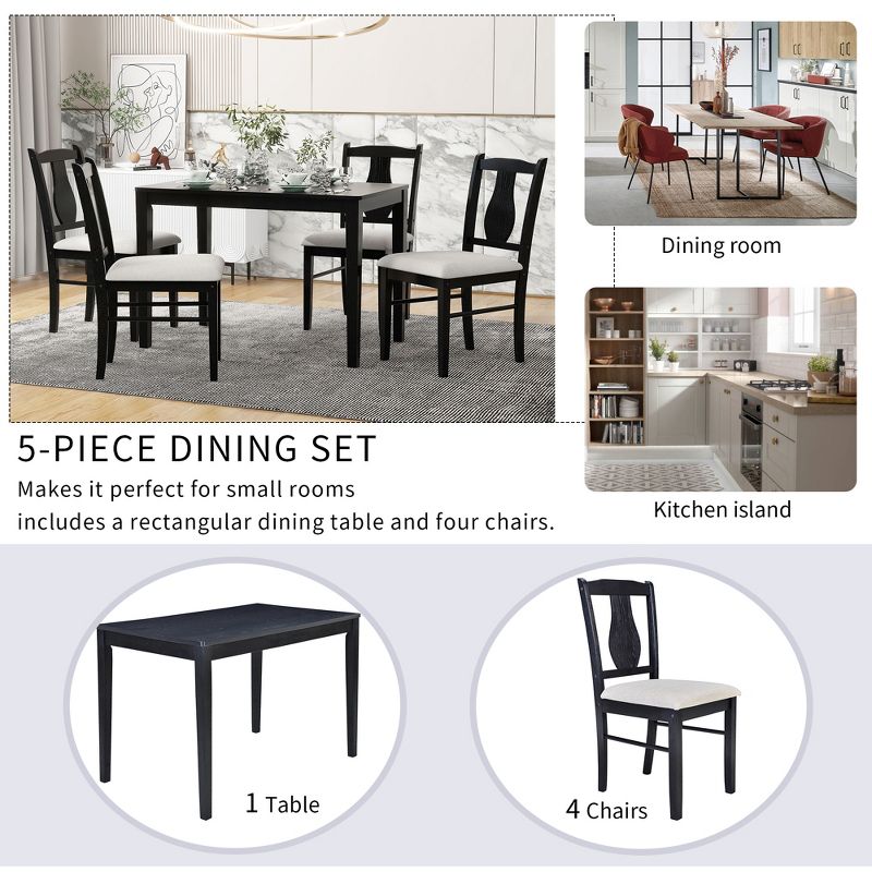 5-Piece Kitchen Dining Table Set, Wooden Rectangular Dining Table and 4 Upholstered Chairs for Kitchen and Dining Room - ModernLuxe, 4 of 12