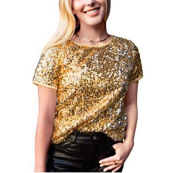 Womens Gold Sequin Top Long Sleeve V-Neck Shiny Metallic Sparkly