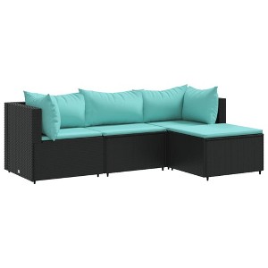 vidaXL Patio Lounge Set with Cushions Sectional Sofa Garden Backyard Poly Rattan - Black and Blue 4 Piece - 1 of 4