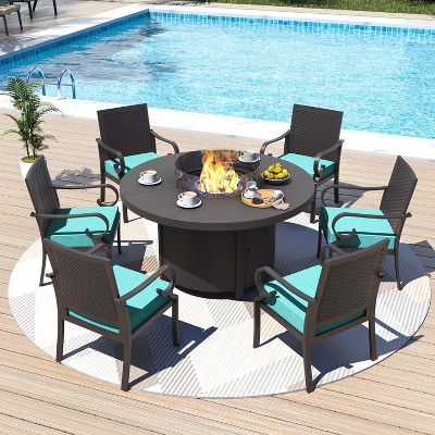 ALAULM 7 Piece Patio Dining Set Outdoor Patio Furniture Set, 6 Woven Rattan Back Fixed Chairs with Thick Cushion and 48" Round Fire Pit Table , Blue