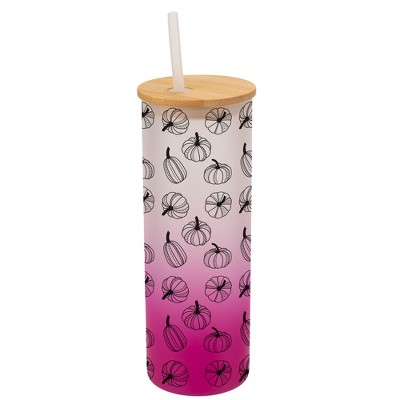 Elanze Designs Fall Pumpkin Autumn Season Wrap-Around Design 25 Ounce Frosted Gradient Glass On-The-Go Coffee Travel Skinny Tumbler Mug Cup, Bamboo