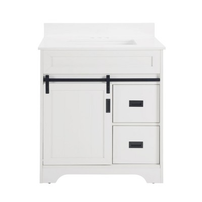 COMHOMA 30" Bathroom Vanity, Single Sink with Barn Doors & 2 Drawers, Ceramic Basin, White