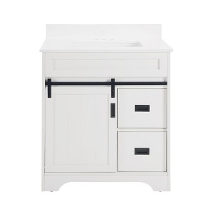 COMHOMA 30" Bathroom Vanity, Single Sink with Barn Doors & 2 Drawers, Ceramic Basin, White - 1 of 4