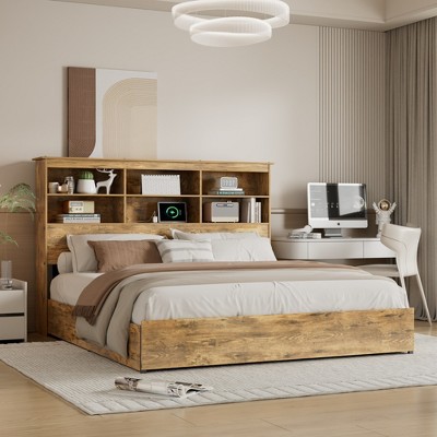 VECELO Full/Queen/King Size Bed Frame with 50" Storage Bookcase Headboard, 4 Drawers & USB Charging Station, Metal Slats Platform Bed Frame, Rustic Brown Bed