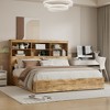 VECELO Bed Frame with 50" Storage Bookcase Headboard, 4 Drawers & USB Charging Station, Metal Slats Platform Bed Frame, Rustic Brown Bed - 2 of 4