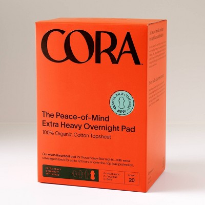 Cora Extra Heavy Overnight Pads with Wings Organic Cotton Topsheet - Ultra Thin - 20ct