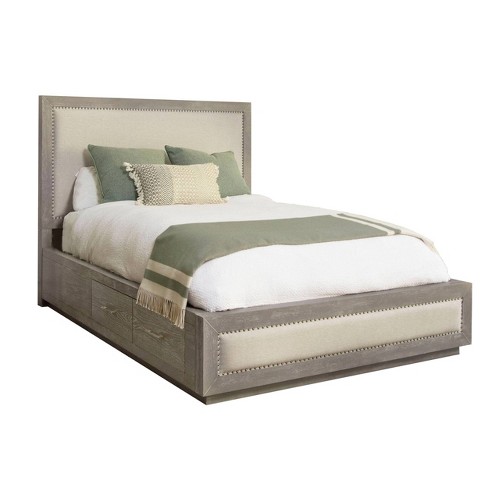 Queen Carson Storage Wood Platform Bed, Padded Headboard Bed With Storage