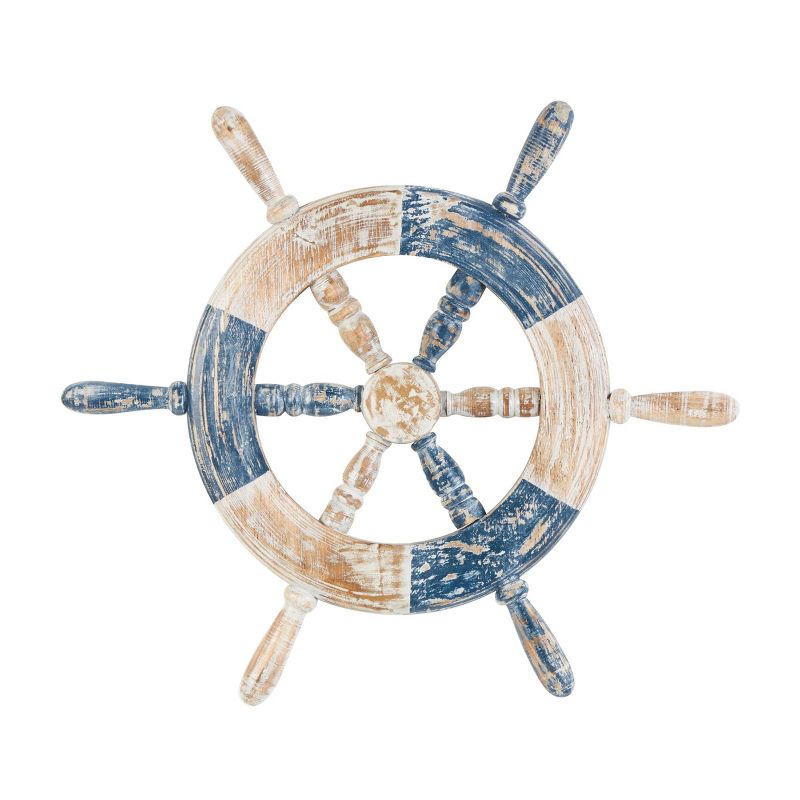 Olivia &#38; May 22&#34;x19&#34; Wood Ship Wheel Distressed Two-Toned Wall Decor with Brown Accents Blue, 1 of 8