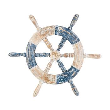 Olivia & May 22"x19" Wood Ship Wheel Distressed Two-Toned Wall Decor with Brown Accents Blue