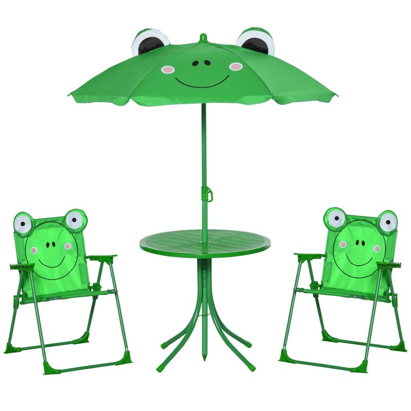 Outsunny Folding Kids Table and Chair Set, Picnic Table with Frog Pattern Removable & Height Adjustable Sun Umbrella for Garden, Backyard, Green, 1 of 7