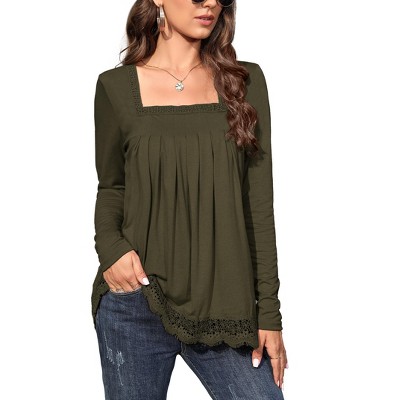 Womens Tops Long Sleeve Tunic Tops for Women Plus Size Square Neck T Shirt Solid Color Fall Lace Blouse