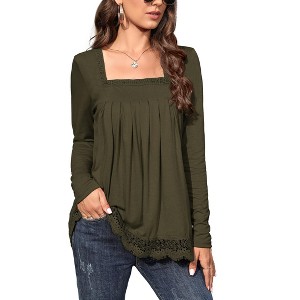 Womens Tops Long Sleeve Tunic Tops for Women Plus Size Square Neck T Shirt Solid Color Fall Lace Blouse - 1 of 4