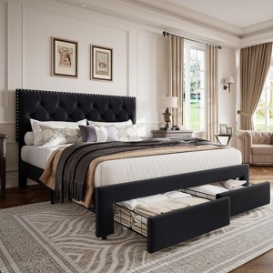 Bed Frame with 2 Storage Drawers, Vintage Velvet Upholstered Bedframe with Wooden Slat Support - 1 of 4