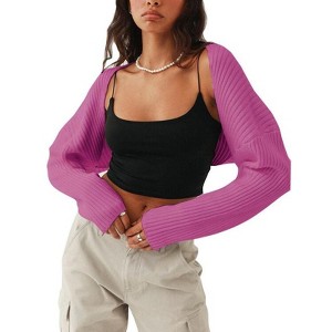Coolmee Women's Ribbed Knit Crop Bolero  Open Front Drop Shoulder Long Sleeve Solid Loose Fit Knitted Crop Cardigan Shrug - 1 of 4