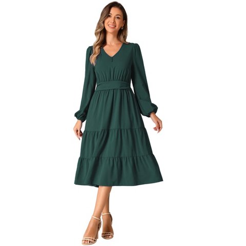Женские платья INSPIRE CHIC Women's V Neck Lantern Sleeve Ruffle Flowy A-Line Elegant Midi Dress Dark Green X-Large