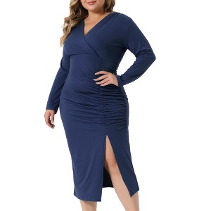 Agnes Orinda Women's Plus Size Slim Fit V Neck Long Sleeve Cocktail Bodycon Dress - 1 of 4