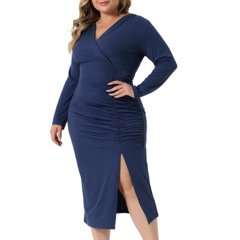 Agnes Orinda Women's Plus Size Slim Fit V Neck Long Sleeve Cocktail Bodycon  Dress Navy Blue 2X