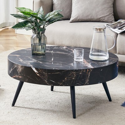 Round Coffee Table Modern Cocktail Table Center Table Side Table Accent Table with Marble-Patterned Top, White/Black-ModernLuxe