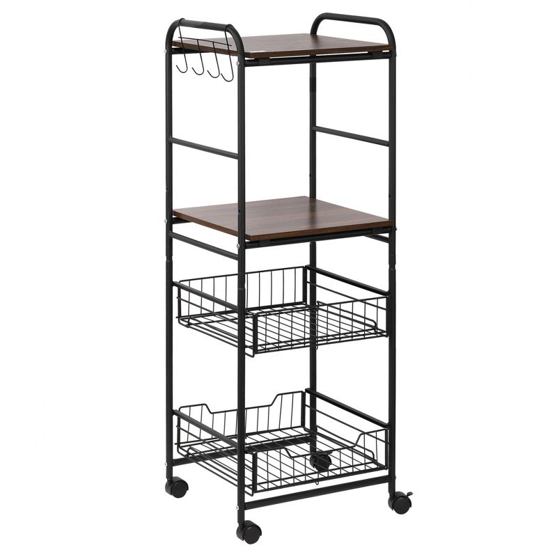 HOMCOM 16" 4-Tier Rolling Kitchen Cart, Utility Storage Trolley with 2 Basket Drawers, Side Hooks for Dining Room and Kitchen, 1 of 7