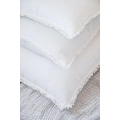 White Fringe Linen Lumbar Throw Pillow with Down Insert