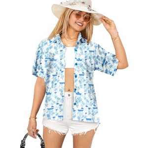 HAPPY BAY Hawaiian Shirts Womens Bohemian Blouse Short Sleeve Tropical Vacation Casual Summer Button Down Beach Party Shirts - 1 of 4