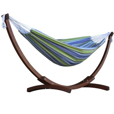 Vivere Blue and Green Striped Cotton Hammock with Pinewood Stand