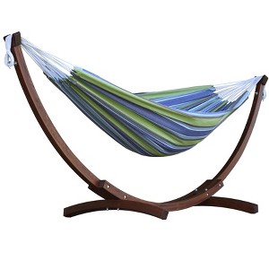 The Hamptons Collection 102” Blue and Green Striped Brazilian Style Hammock with Stand - 1 of 4